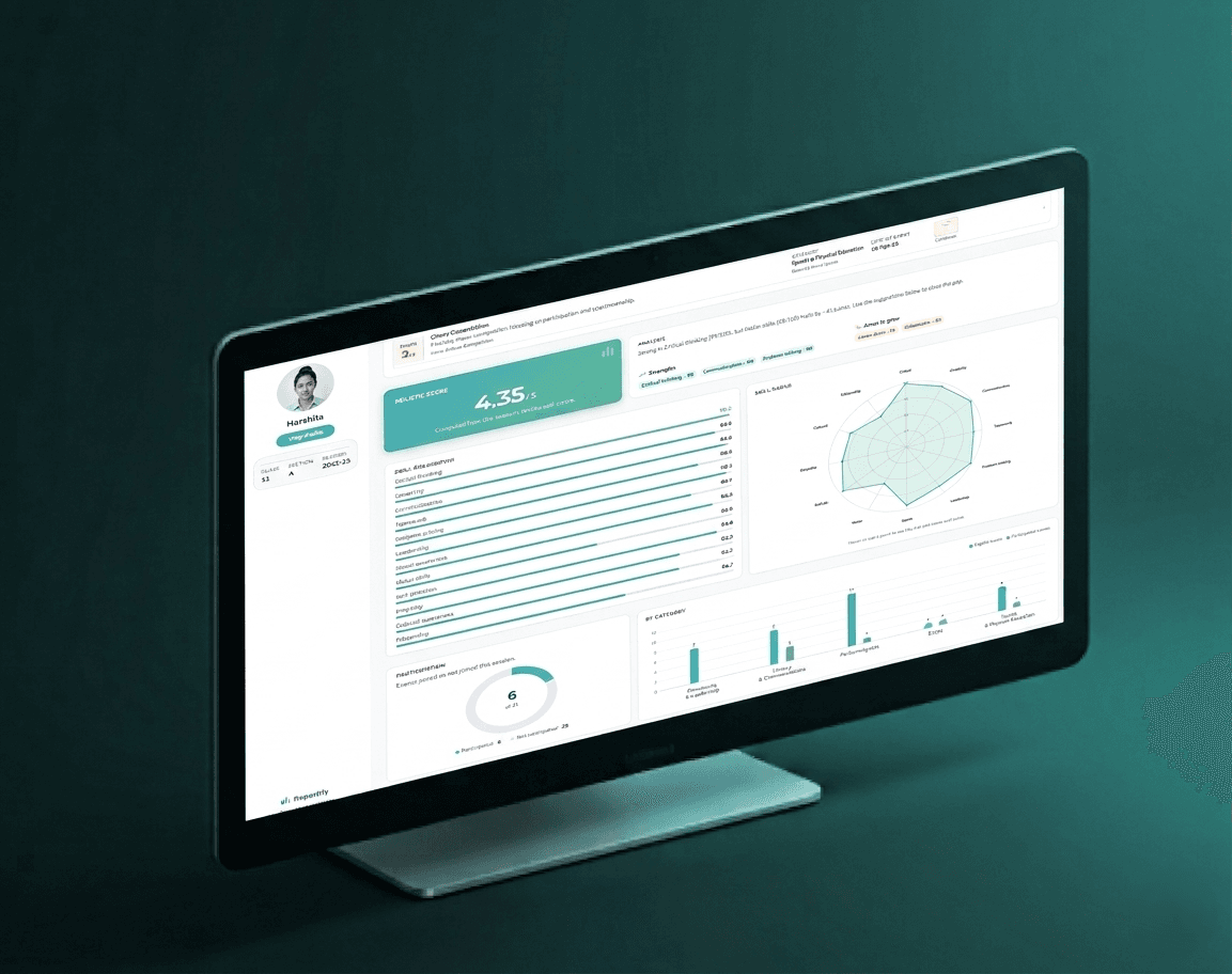Student Reportify dashboard: holistic score, skill breakdown, radar chart, and participation