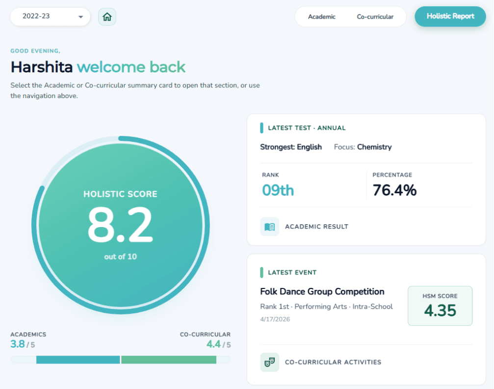 Holistic Report: holistic score 8.2 out of 10 with academic and co-curricular summaries