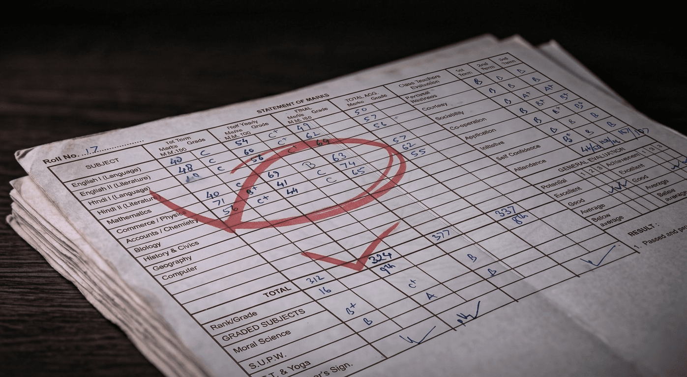 Vintage school report card with handwritten marks and teacher notes